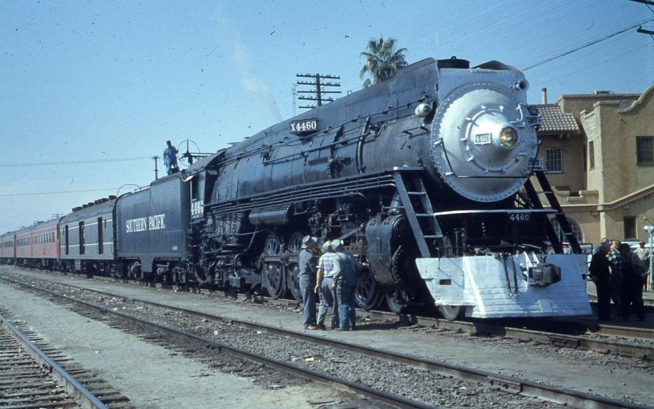Southern Pacific 4460 waits near the SP's Employee Clubhouse on October 12, 1958