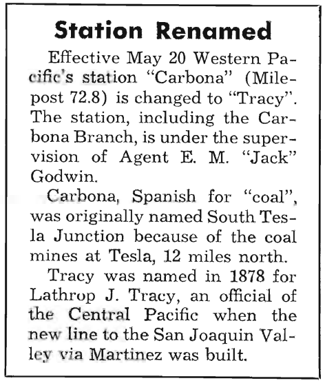 Carbona Becomes Tracy On the Western Pacific (image from WP Mileposts May-June 1964 Edition)